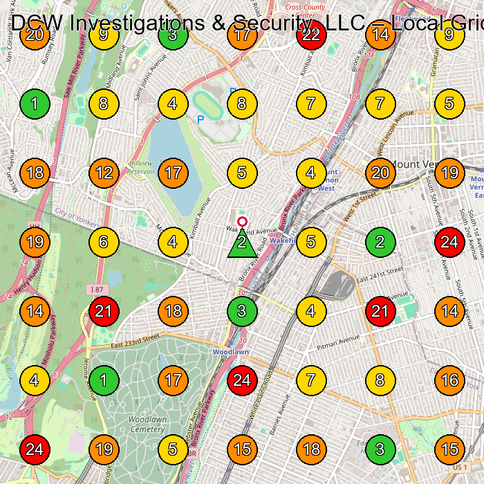 DCW Investigations & Security, LLC Security Guard Service GeoGrid ranking map for Bronx NY